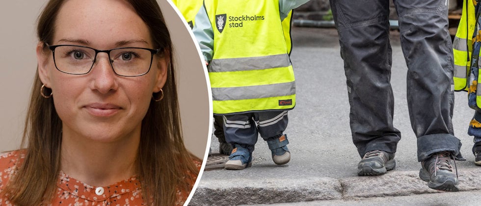 Förskolläraren My Midenius, i bakgrunden förskolebarn i västar går över gatan.