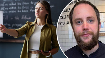En genrebild av en lärare som undervisar och ett porträtt av Karl Wikström