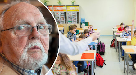 Pensionerade läraren Alf Hjertström och ett klassrum med elever