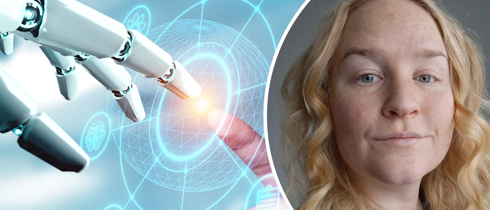 En genrebild av AI, en robothand vars finger nuddar en människas hand, och ett porträtt av Cecilia Wemgård