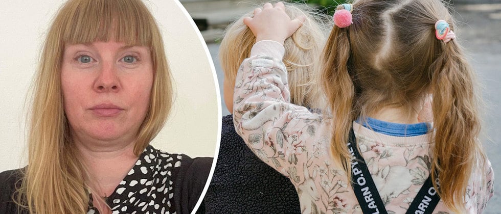 Ett porträtt av Charlotta Schulman och en genrebild av två barn i förskoleåldern, fotograferade bakifrån, det ena barnet har armen om det andras nacke