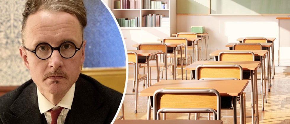 Ett porträtt av Christian Liljeros och en genrebild av bänkrader i ett tomt klassrum