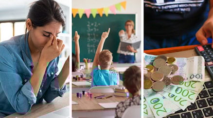 En tredelad bild där den första tredjedelen består av en kvinna som tar sig för pannan, mittenbilden av en lektion med elever som räcker upp handen, och bilddelen till höger en hand som räknar svenska sedlar och mynt