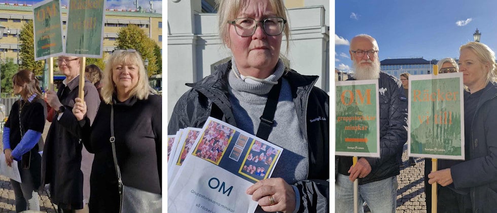 Tre bilder från Sveriges Lärares manifestation, sammanfogade i samma ram, budskapet ˝om” på skyltar som lärarna håller upp
