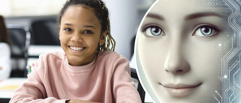 Elev i en skolsal med datorer och ett ai-genererat porträtt av en kvinna