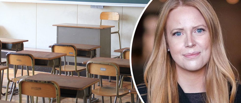 Ett porträtt av Emma Arvidsson och en genrebild av ett tomt klassrum