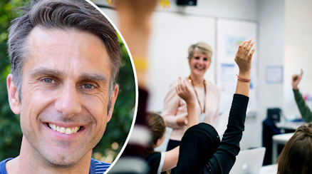 Ett porträtt av Erik Cardelus och en genrebild av en lärare under en lektion