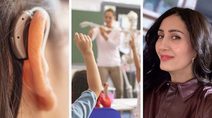 Genrebilder på ett öra med en hörapparat i närbild, en lektion i ett klassrum och ett porträtt på Sarra Tlili Bertillson
