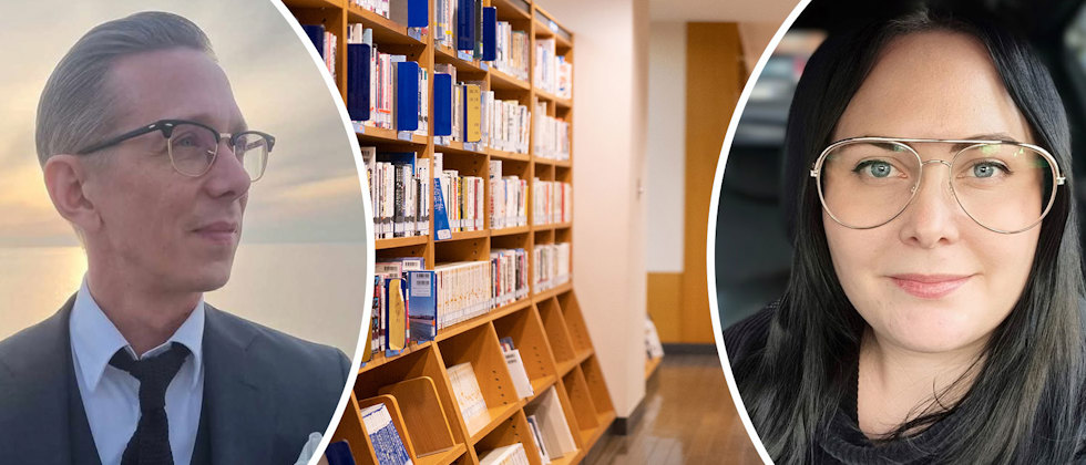 En närbild av Sten Ivarsson och en närbild av Magdalena Ivarsson mot en bakgrund från ett skolbibliotek