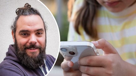 Ett porträtt av Jesper Nilsson och en genrebild av ett barn som sitter djupt försjunket i sin mobil