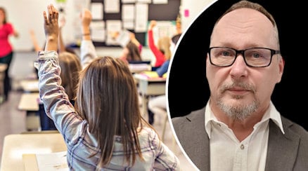 En genrebild av ett klassrum och ett porträtt av Kari Parman