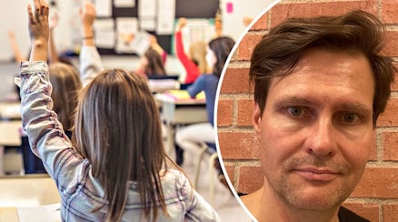 En genrebild från en lektion där ett barn räcker upp handen, och en porträttbild av Viktor Björnberg
