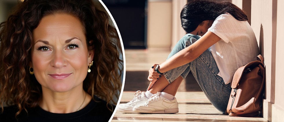 Ett porträtt av Maria Sergi och en genrebild med en elev i en skolkorridor, eleven sitter på golvet med nedböjt huvud