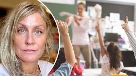 Ett porträtt av Marina Nordin och en genrebild av en lärare som demonstrerar ett föremål för elever, de är fotograferade bakifrån, några räcker upp handen