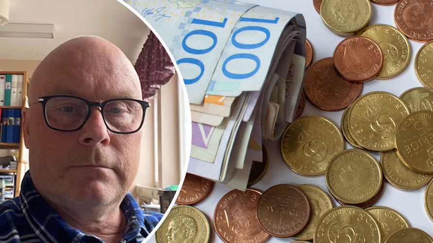 Patric Näsström, ordförande i Sveriges Lärare, Sorsele, och en bild på svenska pengar.