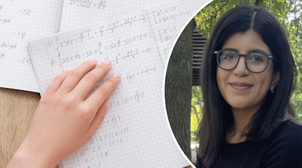 Ett porträtt av Setayesh Kormi Nouri och en genrebild av en hand på en räknebok