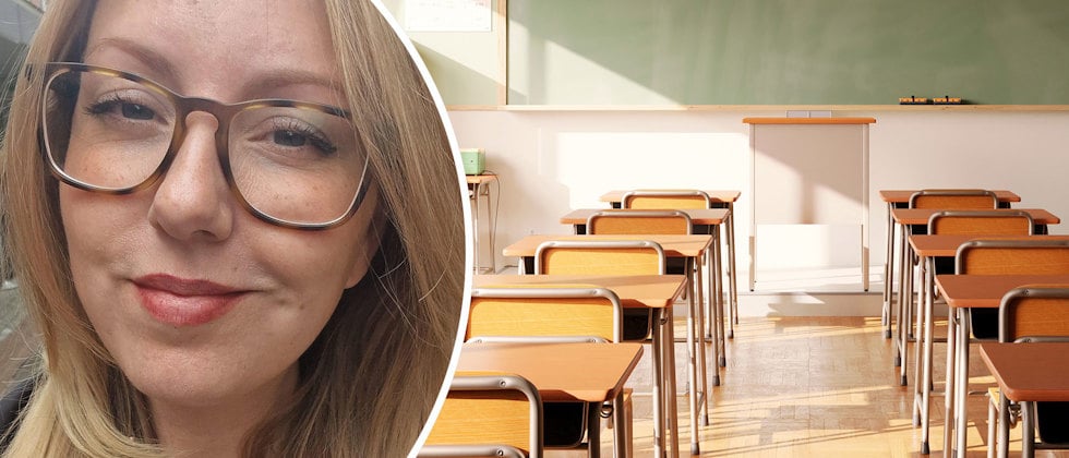 Ett porträtt av Sofia Bohné och en genrebild av ett tomt klassrum med bänkar i rader