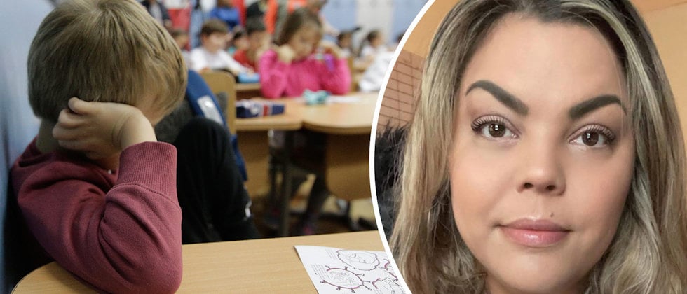 En genrebild av en elev som verkar ensam och overksam i klassrummet, och ett porträtt av Emelie Frånlund