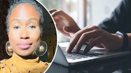 Therese Blomqvist och en närbild av en person som arbetar vid en dator, man ser bara händerna