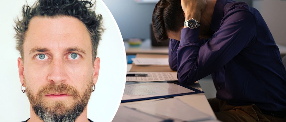 Ett porträtt av Tomas Antonsson och en genrebild av en man som faller ihop framför datorskärmen med händerna runt huvudet