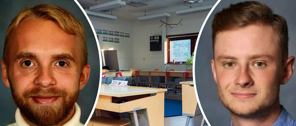 En bild av William Malmström och Emil Tidlund och ett tomt klassrum