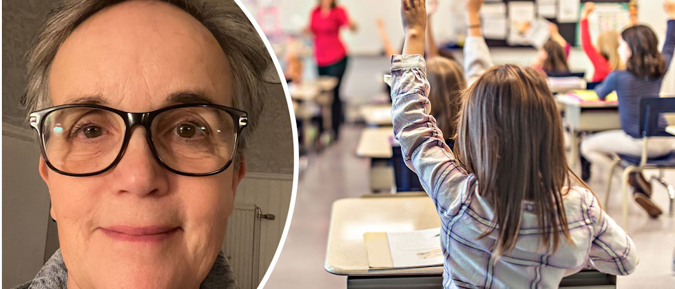 Ett porträtt av Anna Knutson Savelid och en genrebild från en lektion i ett klassrum
