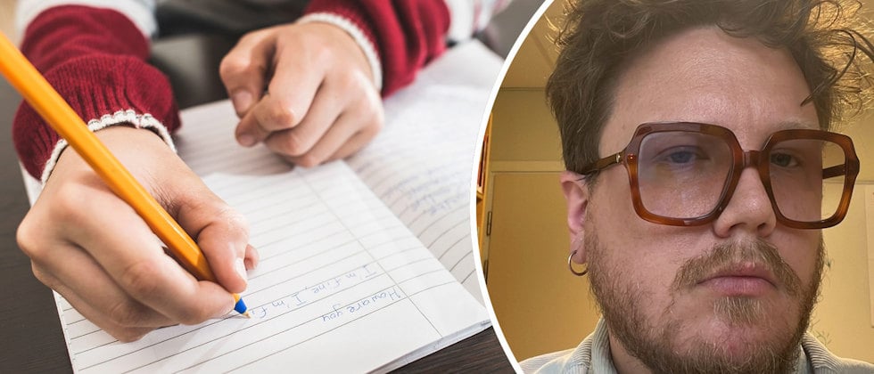 Ett porträtt av Oscar Björk och en genrebild av ett barn som skriver, man ser bara händerna