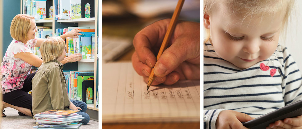 Tre genrebilder av en bibliotekarie och ett barn framför en bokhylla, en vuxen hand som antecknar och ett litet barn med mobiltelefon.