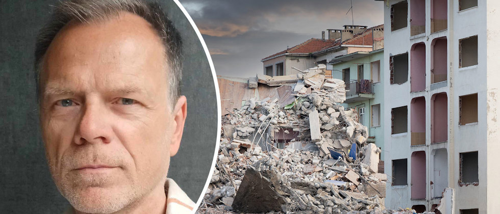 Ett porträtt av Terje Adkins och ett fotografi av rasmassor och förstörda hus i Palestina
